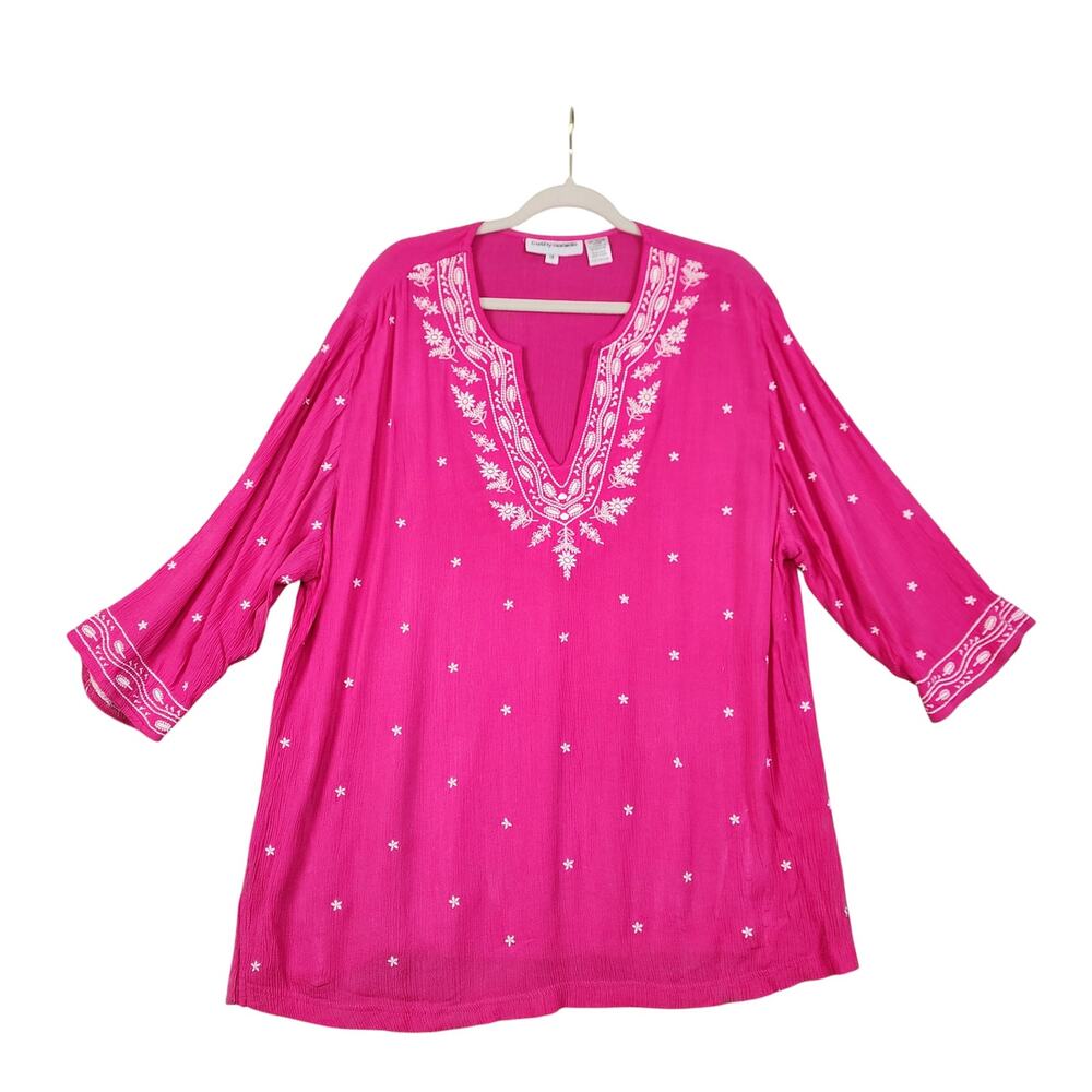 Cathy Daniels Womens Embroidered Tunic Top Plus Size 1X Pink White V Neck Boho‎